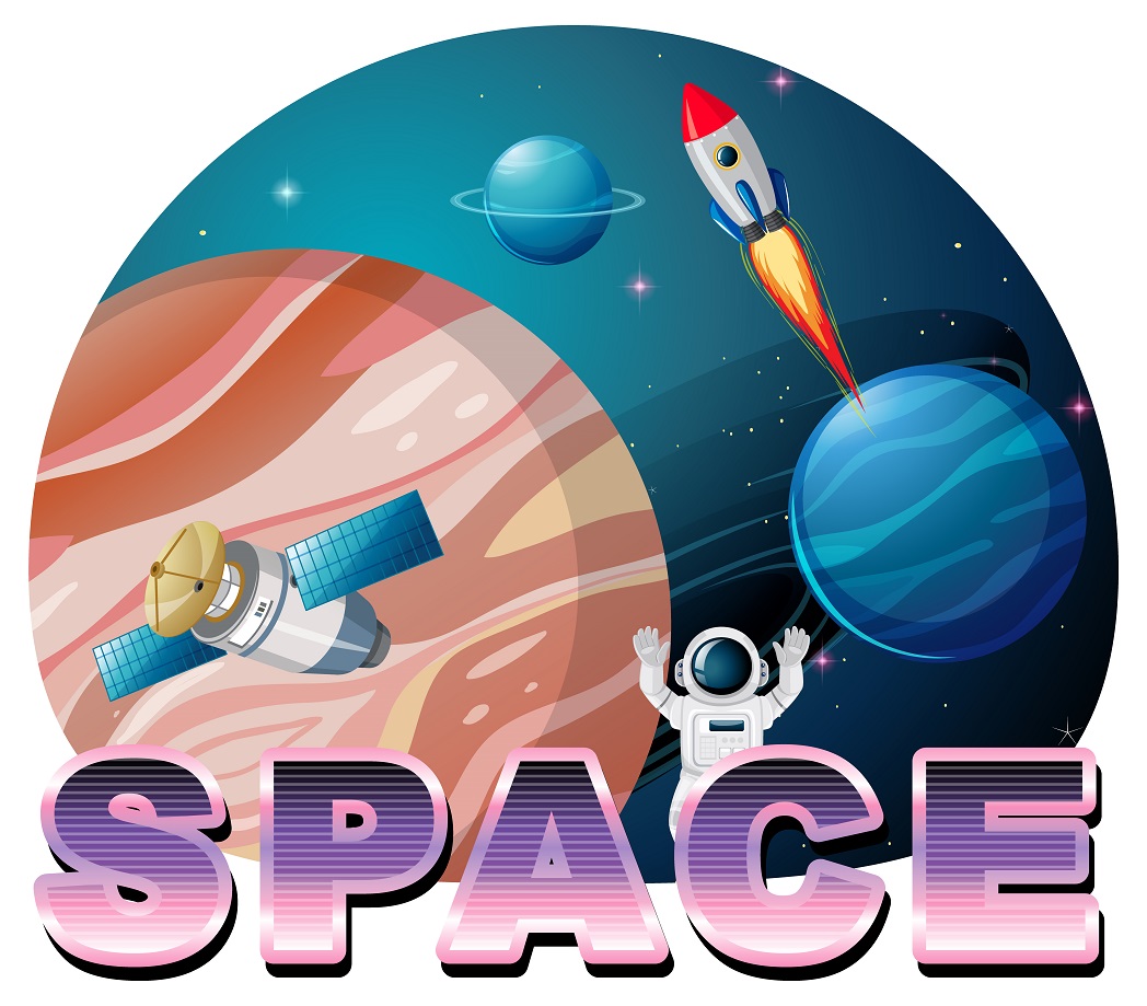 Space word logo design with astronaut and satellite illustration