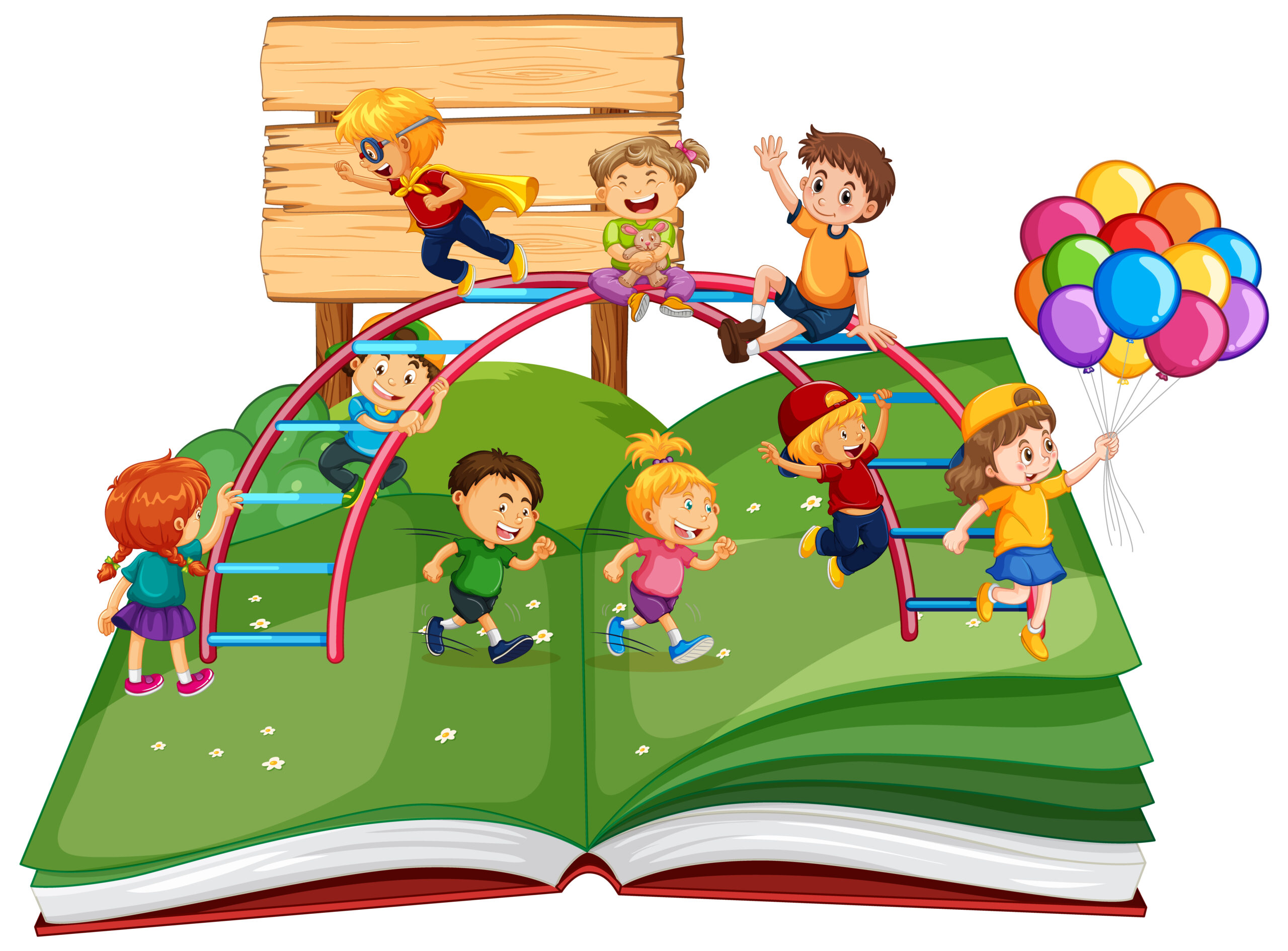 Kids enjoying playtime on a giant book
