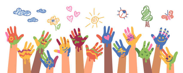Children drawings with paints and crayons. Kindergarten art and positive mood, fingerprints and hands. Smiles and son, trees and clouds. Multicolor and vivid funny artwork. Flat cartoon vector